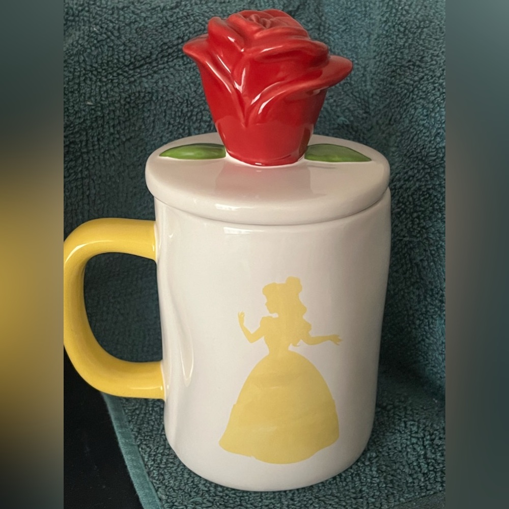 Rae Dunn Beauty and the Beast Belle mug with Yellow Handle and red rose lid